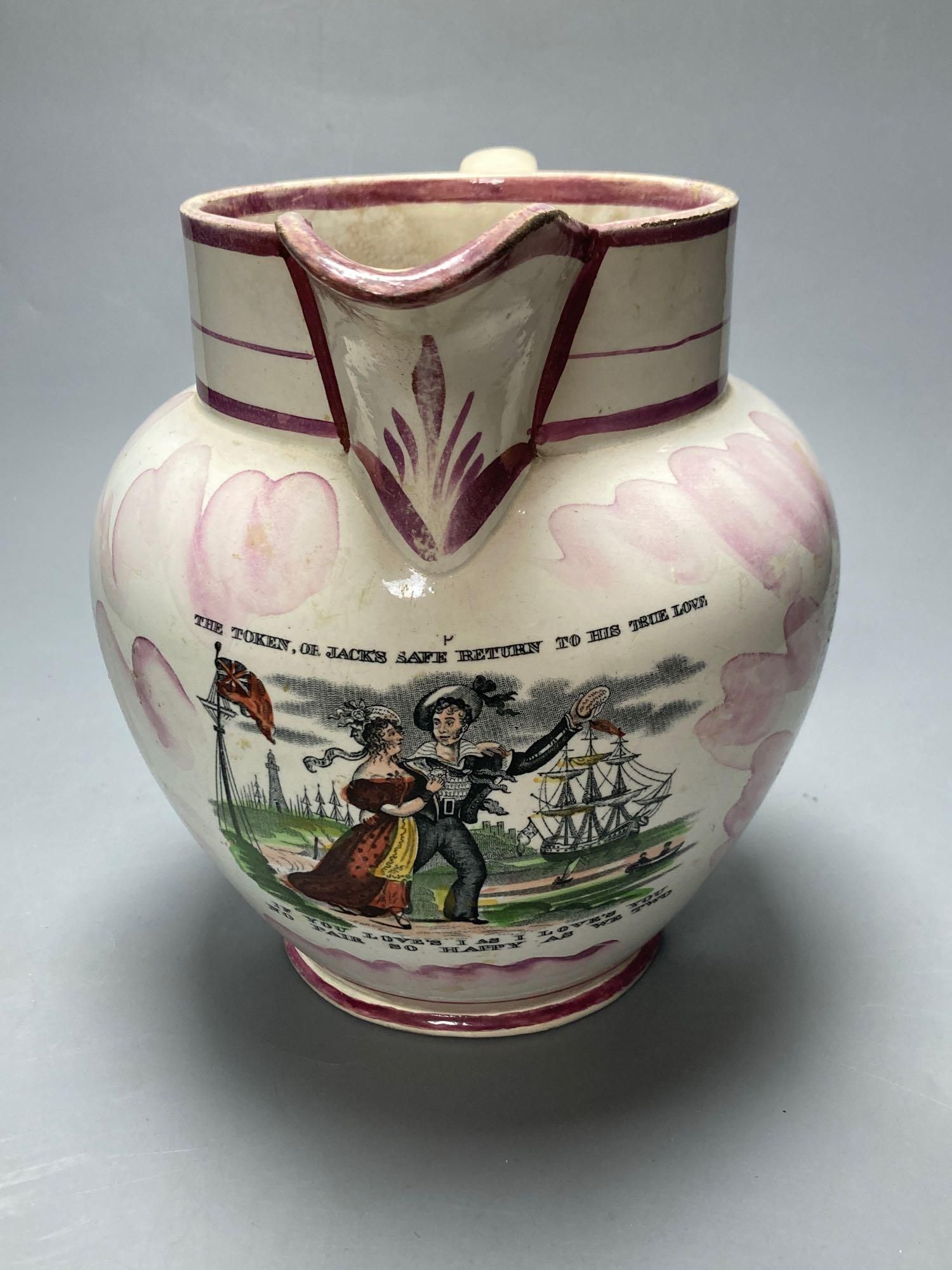 Two early 19th century Sunderland pink lustre jugs and similar bowl, transfer printed and enamelled, tallest jug 21cm